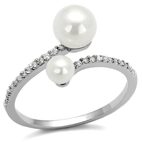 JCE1236 Rhodium Brass Ring with Synthetic Pearl in White