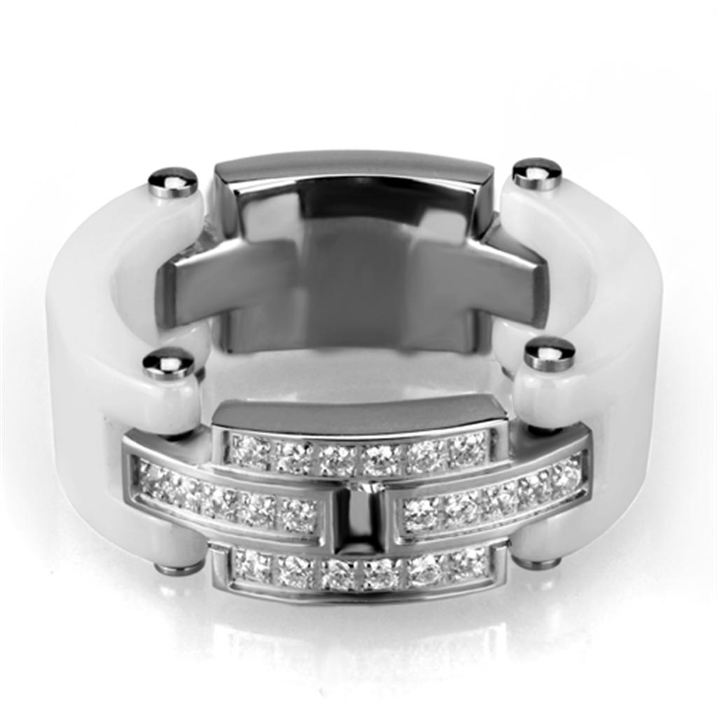 JCE977 High polished (no plating) Stainless Steel Ring with Ceramic  in White
