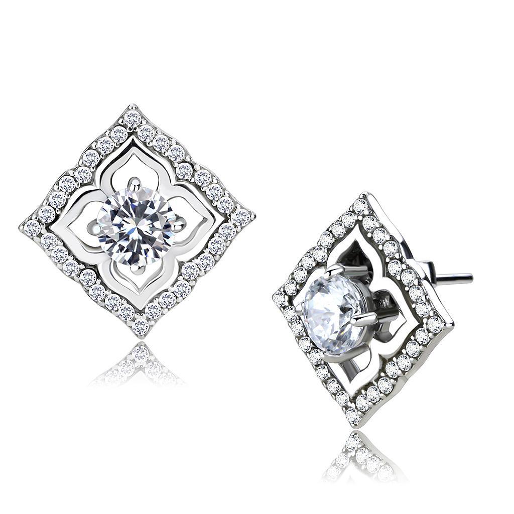 JCE073 High polished (no plating) Stainless Steel Earrings with AAA Grade CZ  in Clear