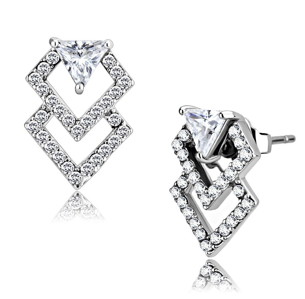 JCE198 High polished (no plating) Stainless Steel Earrings with AAA Grade CZ  in Clear