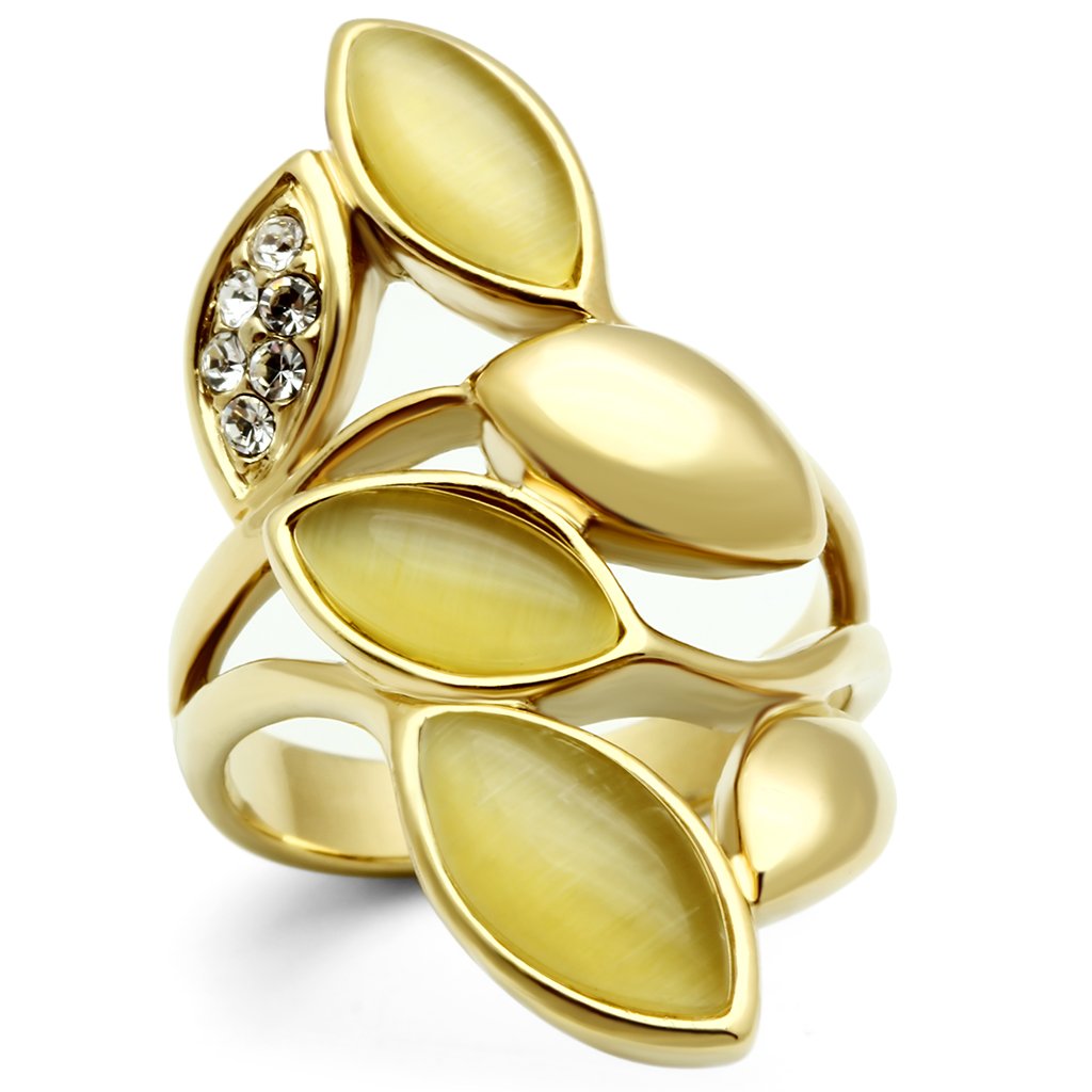 JCE302 IP Gold(Ion Plating) Brass Ring with Synthetic Cat Eye in Citrine Yellow