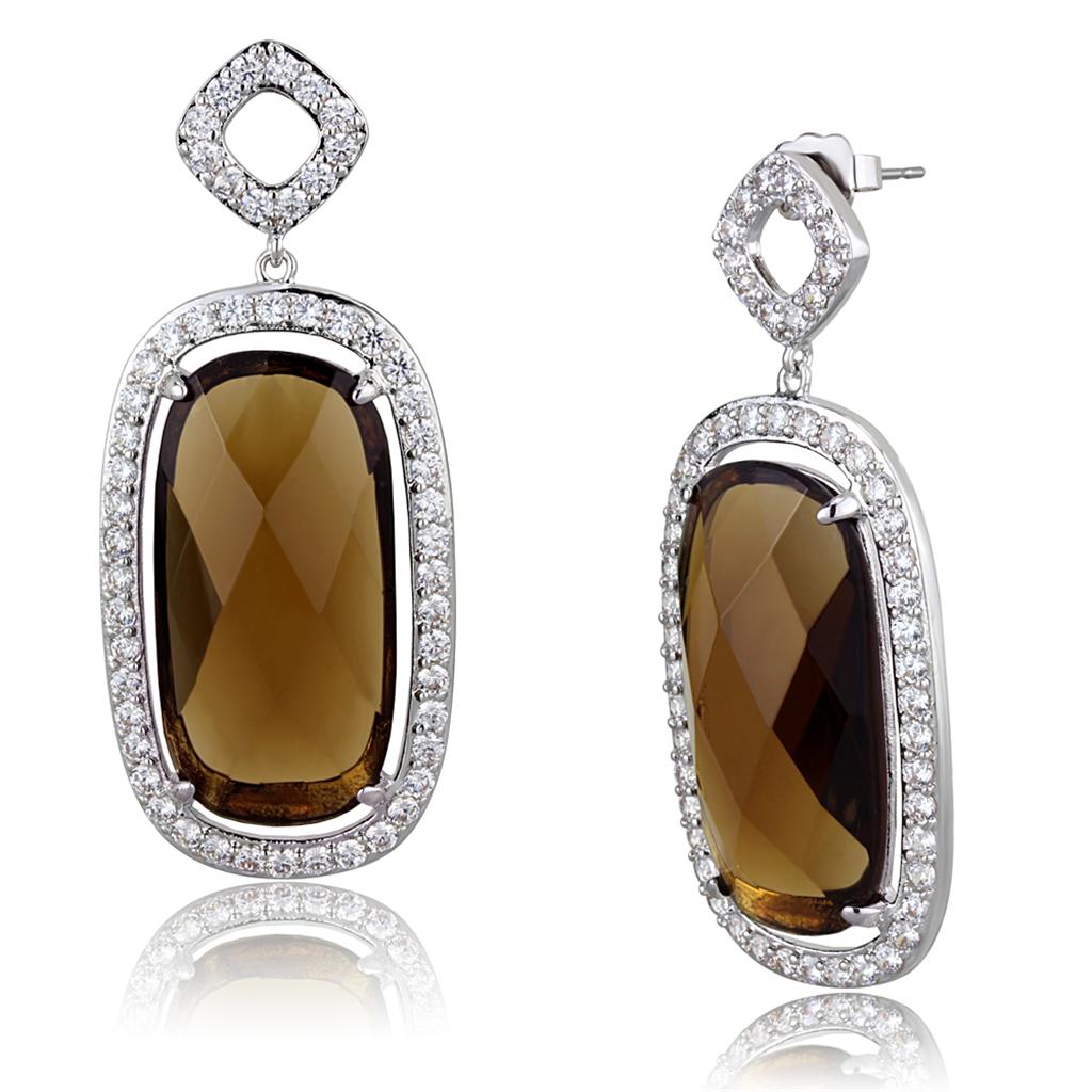 JCE3753 Rhodium Brass Earrings with Synthetic Synthetic Glass in Brown