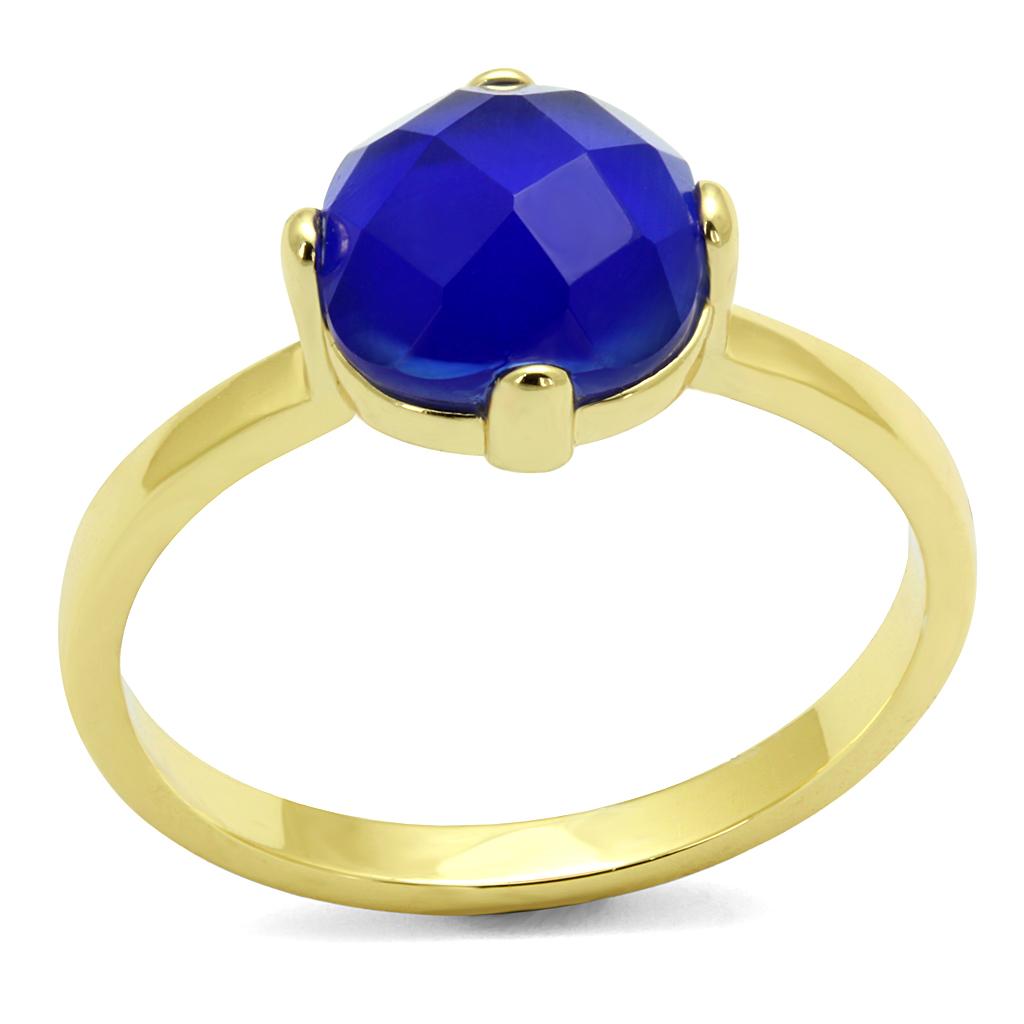 JCE4072 Flash Gold Brass Ring with Synthetic Cat Eye in Sapphire
