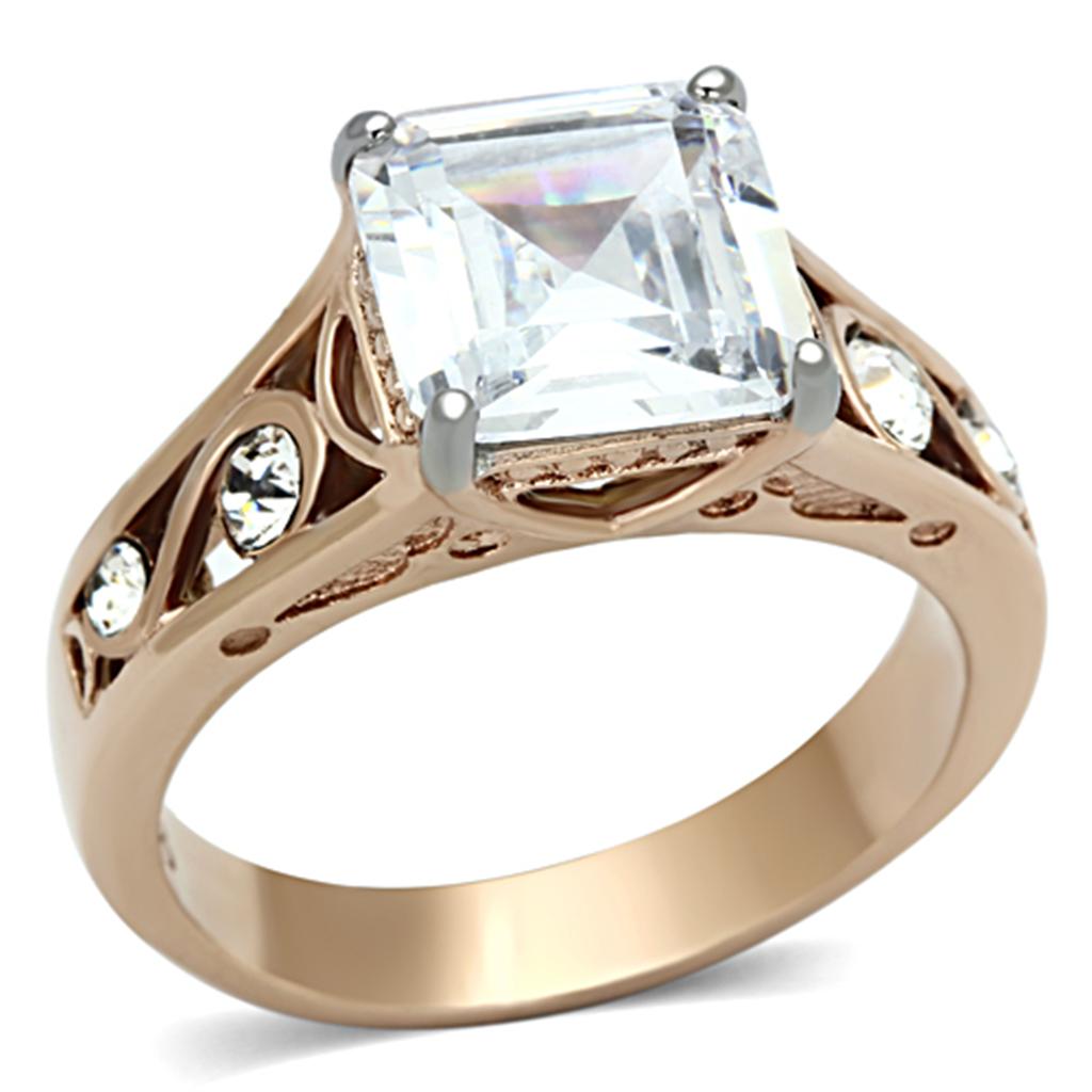JCE1059 Two-Tone IP Rose Gold Stainless Steel Ring with AAA Grade CZ  in Clear