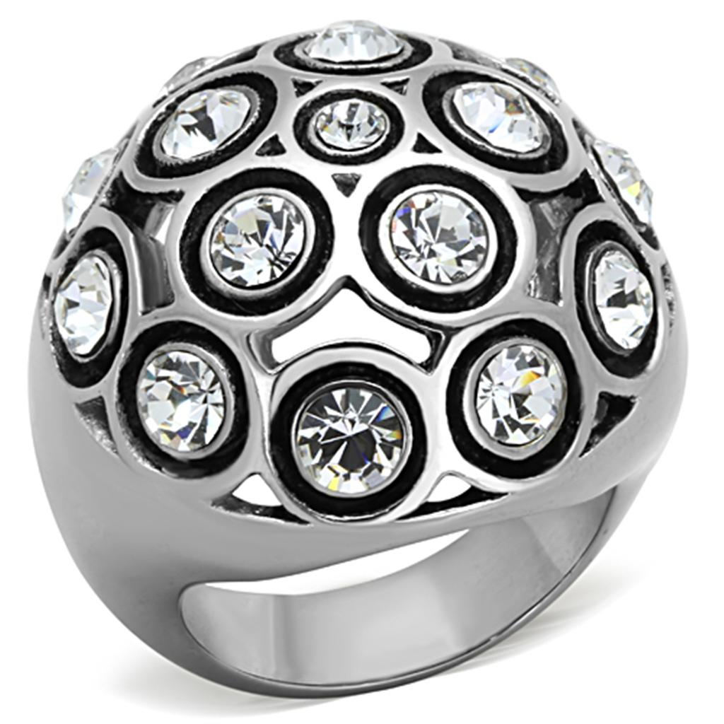 JCE1325 High polished (no plating) Stainless Steel Ring with Top Grade Crystal  in Clear