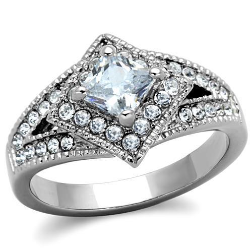 JCE1760 High polished (no plating) Stainless Steel Ring with AAA Grade CZ  in Clear