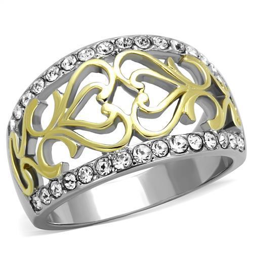 JCE1792 Two-Tone IP Gold (Ion Plating) Stainless Steel Ring with Top Grade Crystal  in Clear