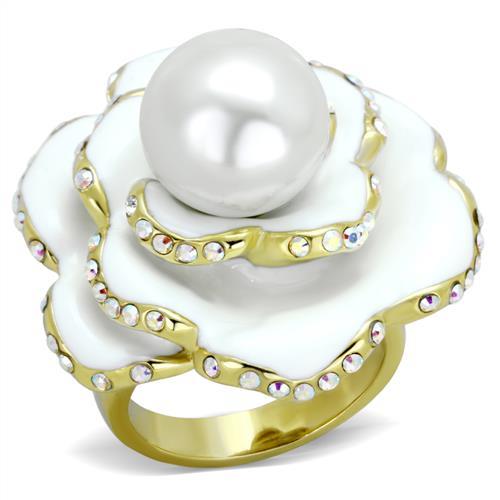 JCE1847 IP Gold(Ion Plating) Stainless Steel Ring with Synthetic Pearl in White