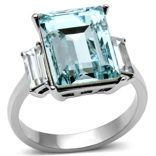 JCE1862 High polished (no plating) Stainless Steel Ring with Top Grade Crystal  in Sea Blue