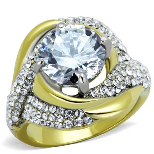 JCE1910 Two-Tone IP Gold (Ion Plating) Stainless Steel Ring with AAA Grade CZ  in Clear