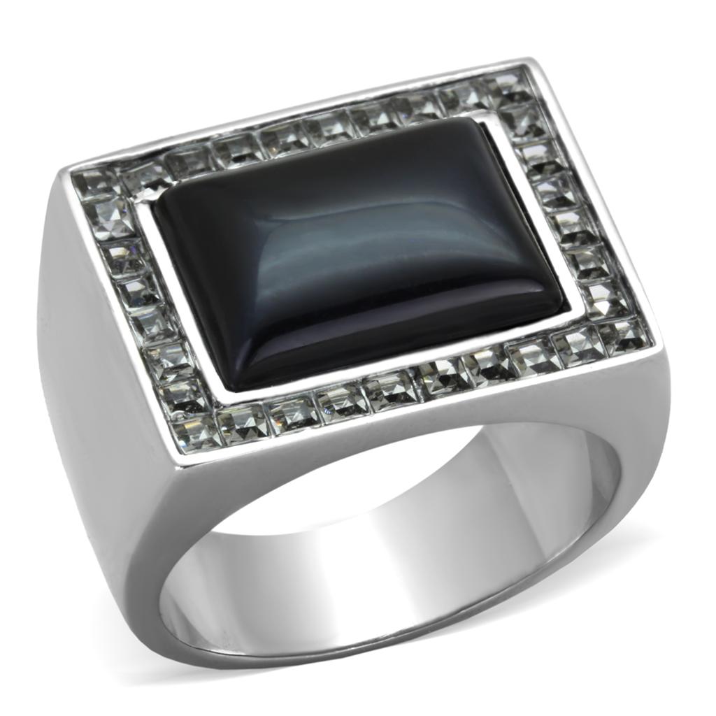 JCE2065 High polished (no plating) Stainless Steel Ring with Synthetic Cat Eye in Smoked Quartz