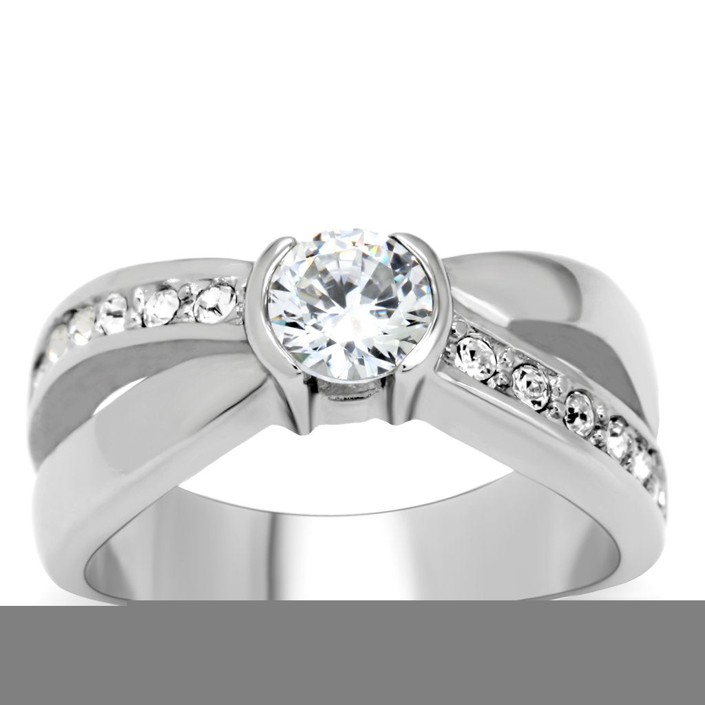 JCE214 High polished (no plating) Stainless Steel Ring with AAA Grade CZ  in Clear