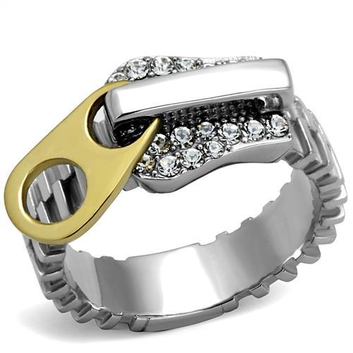 JCE2520 Two-Tone IP Gold (Ion Plating) Stainless Steel Ring with Top Grade Crystal  in Clear