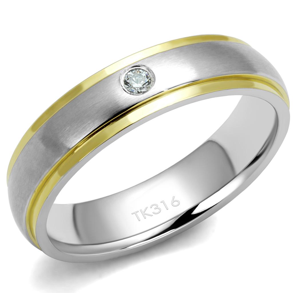 JCE2938 Two-Tone IP Gold (Ion Plating) Stainless Steel Ring with AAA Grade CZ  in Clear