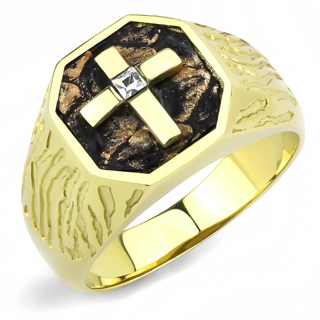 JCE3464 IP Gold(Ion Plating) Stainless Steel Ring with Top Grade Crystal  in Clear